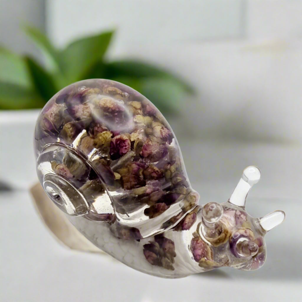 Handcrafted Resin Snail Figurine Featuring Rose Buds & White Pebbles