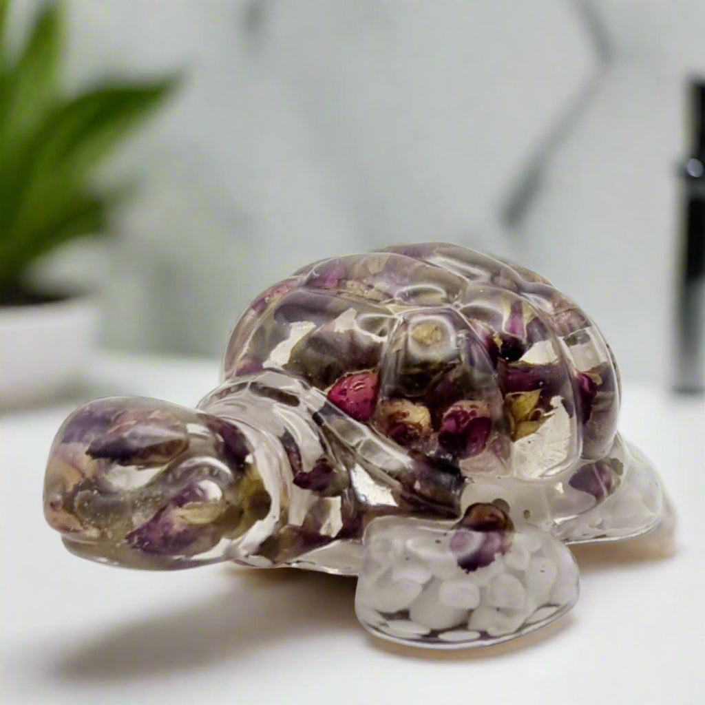 Handcrafted Resin Turtle Featuring Red Rose Buds & White Pebbles