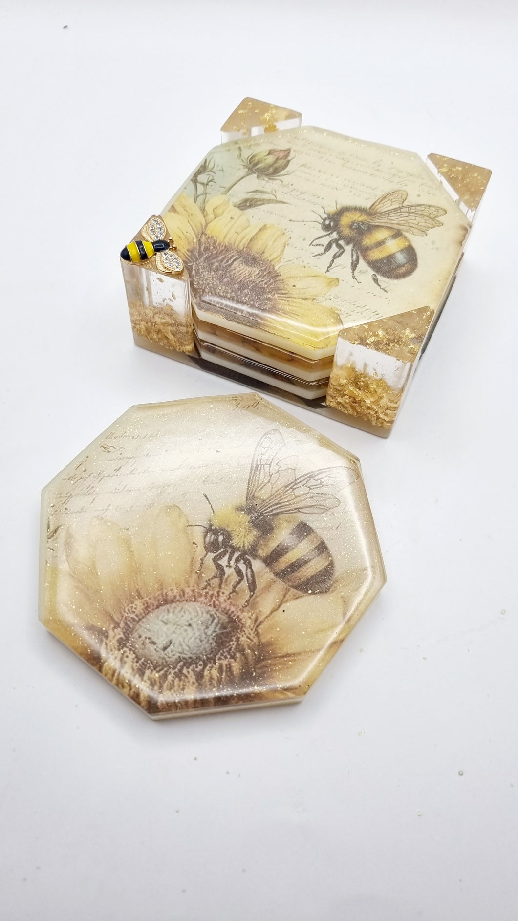 Honey Bee Coasters & Coaster Holder Set