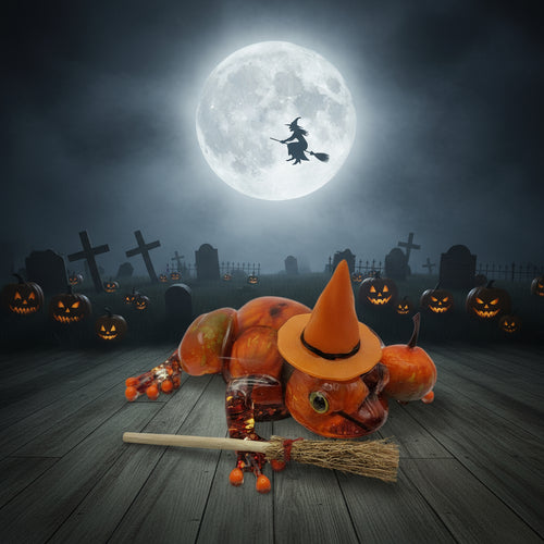 Halloween-themed decorations including pumpkins, a broom, and a witch hat on a white background.