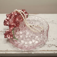 Load image into Gallery viewer, Pink glass heart-shaped bowl with floral decorations on a white background
