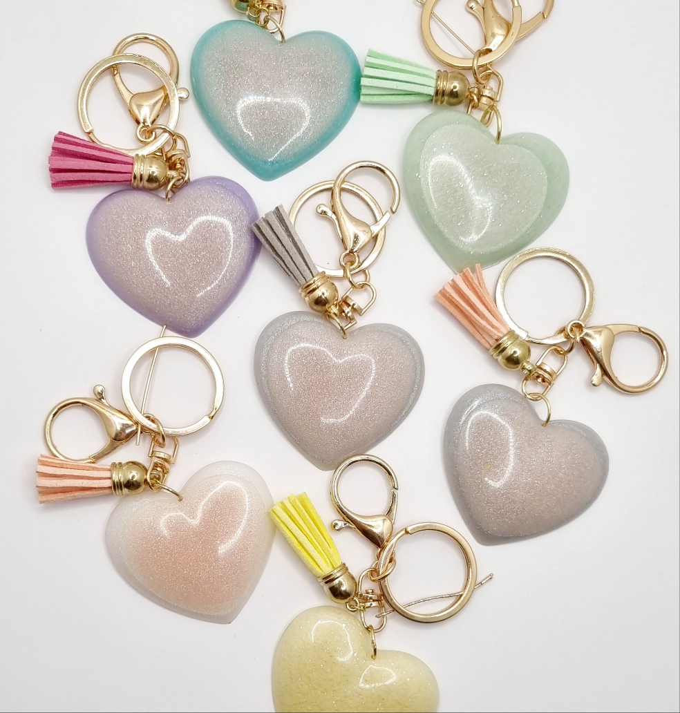 Resin Sparkle Pastel Love Heart Gold Tassel Keychains β Girl in the Garage