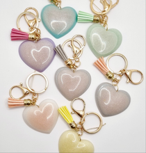Load image into Gallery viewer, Resin Sparkle Pastel Love Heart Gold Tassel Keychains
