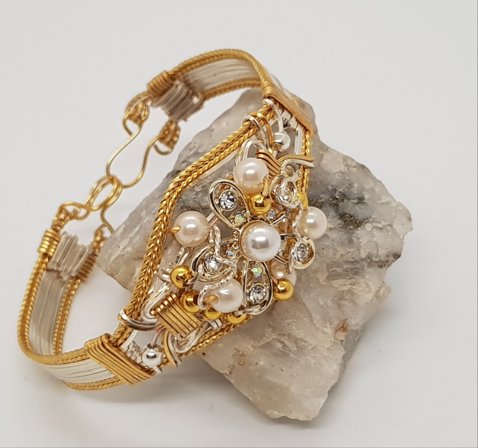 Gold & Silver Pearl Beaded Diamante Cuff Bangle