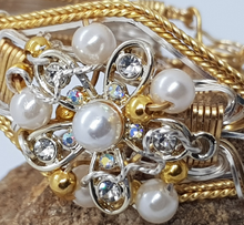Load image into Gallery viewer, Gold &amp; Silver Pearl Beaded Diamante Cuff Bangle
