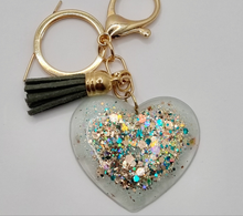 Load image into Gallery viewer, Resin Super Sparkle Love Heart Gold &amp; Silver Tassel Keychains
