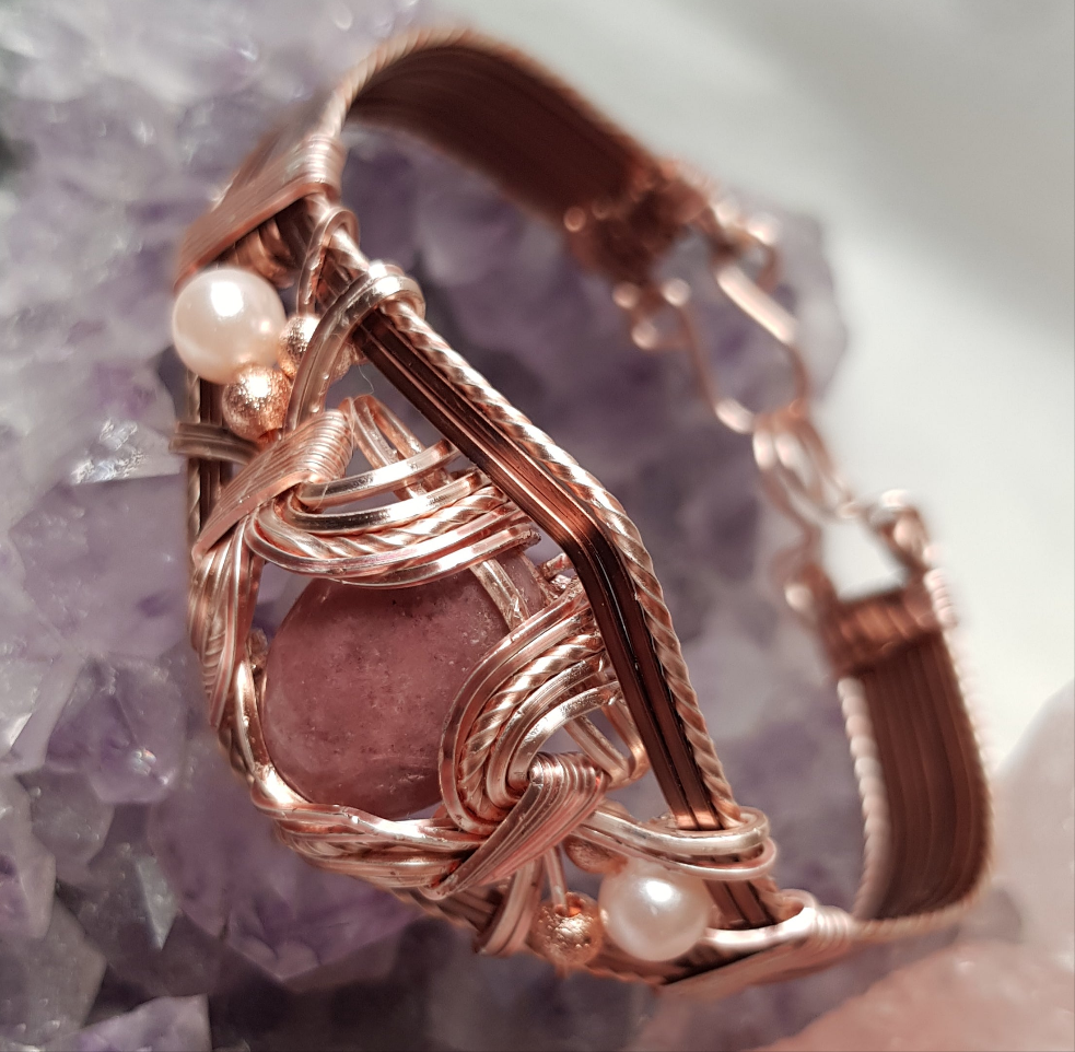 Antique Copper & Rose Gold Rhodonite Cabochon Cuff Bangle