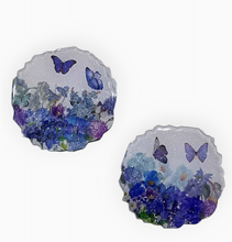 Load image into Gallery viewer, Gorgeous Sparkly Geode Resin Coasters Featuring Flowers &amp; Butterflies in Blue &amp; Purple Hues
