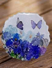 Load image into Gallery viewer, Gorgeous Sparkly Geode Resin Coasters Featuring Flowers &amp; Butterflies in Blue &amp; Purple Hues
