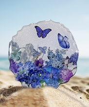 Load image into Gallery viewer, Gorgeous Sparkly Geode Resin Coasters Featuring Flowers &amp; Butterflies in Blue &amp; Purple Hues
