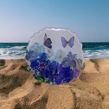 Load image into Gallery viewer, Gorgeous Sparkly Geode Resin Coasters Featuring Flowers &amp; Butterflies in Blue &amp; Purple Hues
