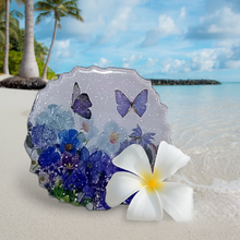 Load image into Gallery viewer, Gorgeous Sparkly Geode Resin Coasters Featuring Flowers &amp; Butterflies in Blue &amp; Purple Hues
