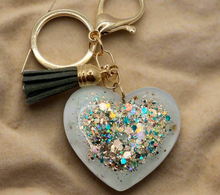 Load image into Gallery viewer, Resin Super Sparkle Love Heart Gold &amp; Silver Tassel Keychains
