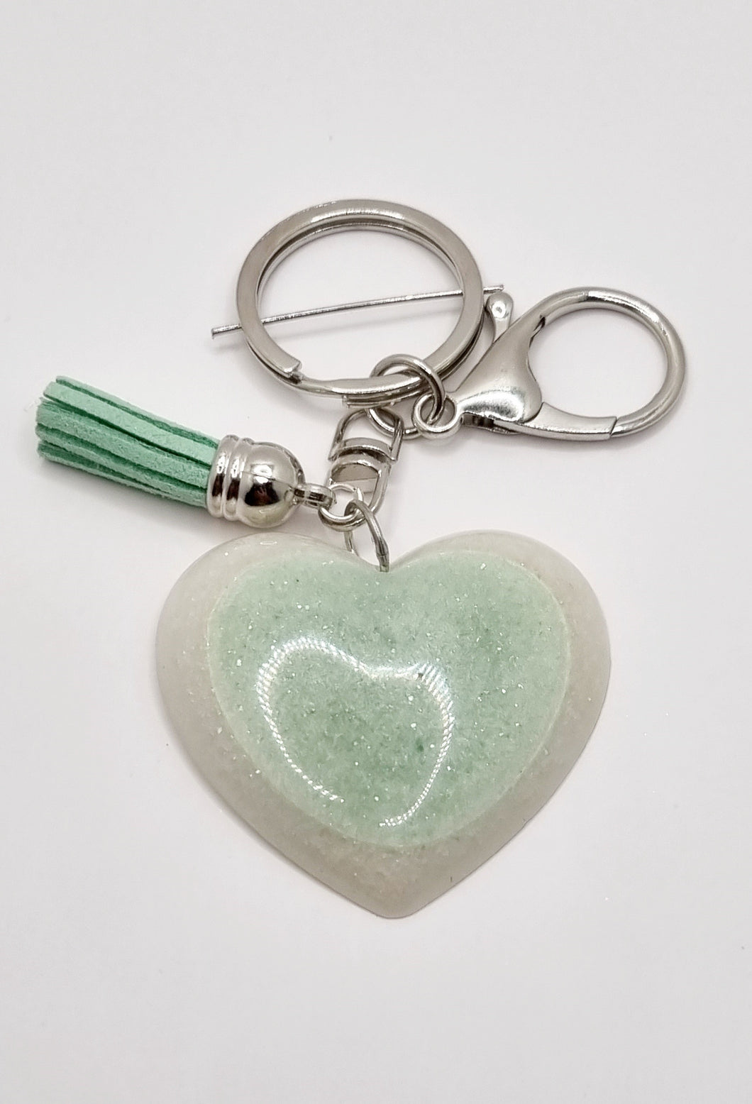 Resin Sparkle Pastel Love Heart Silver Tassel Keychains