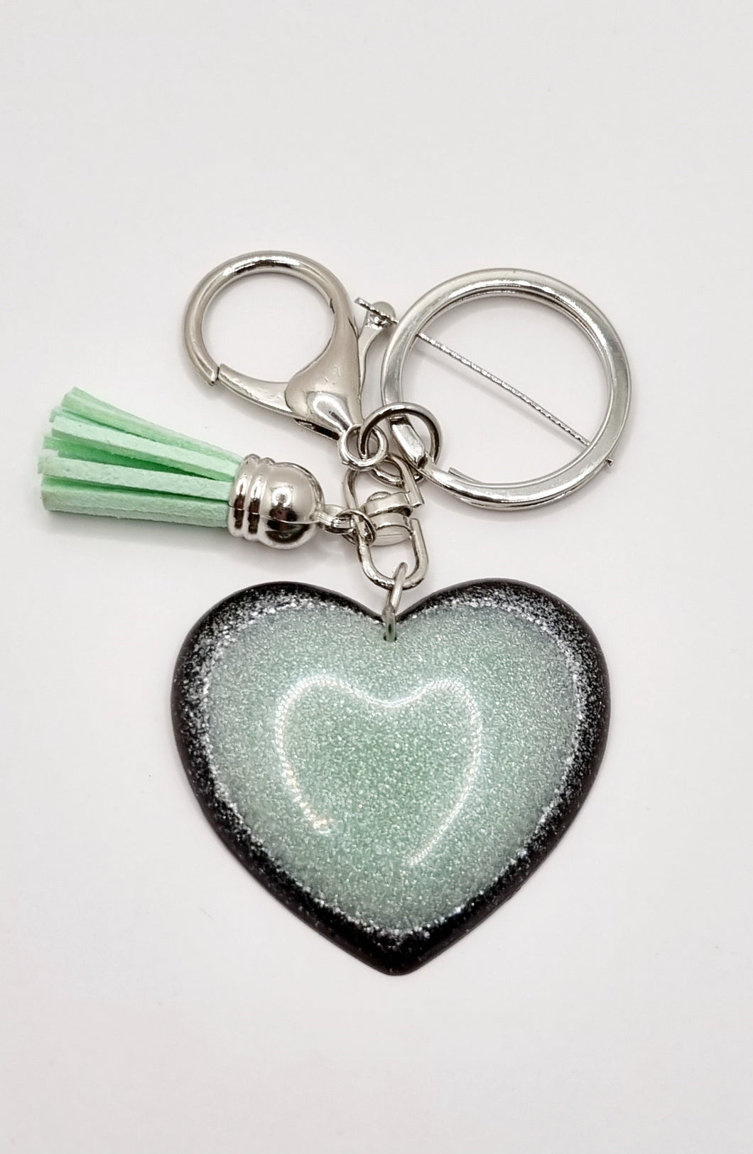 Resin Sparkle Black Love Heart Silver Tassel Keychains