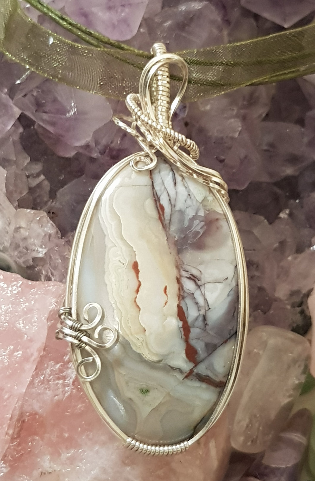 Silver Crazy Lace Agate Cabochon Pendant