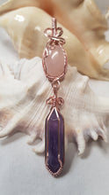 Load image into Gallery viewer, Rose Gold Rose Quartz Cabochon &amp; Amethyst Crystal Double Dangle Pendant
