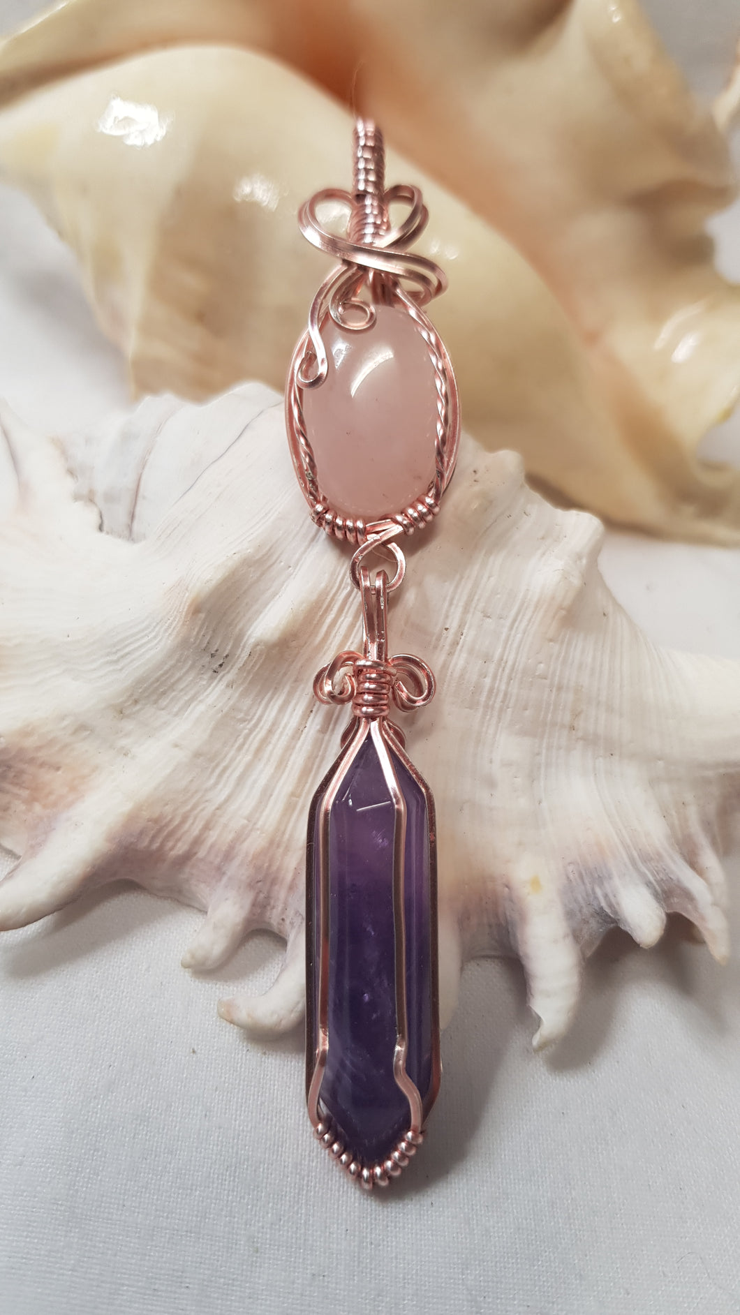 Rose Gold Rose Quartz Cabochon & Amethyst Crystal Double Dangle Pendant