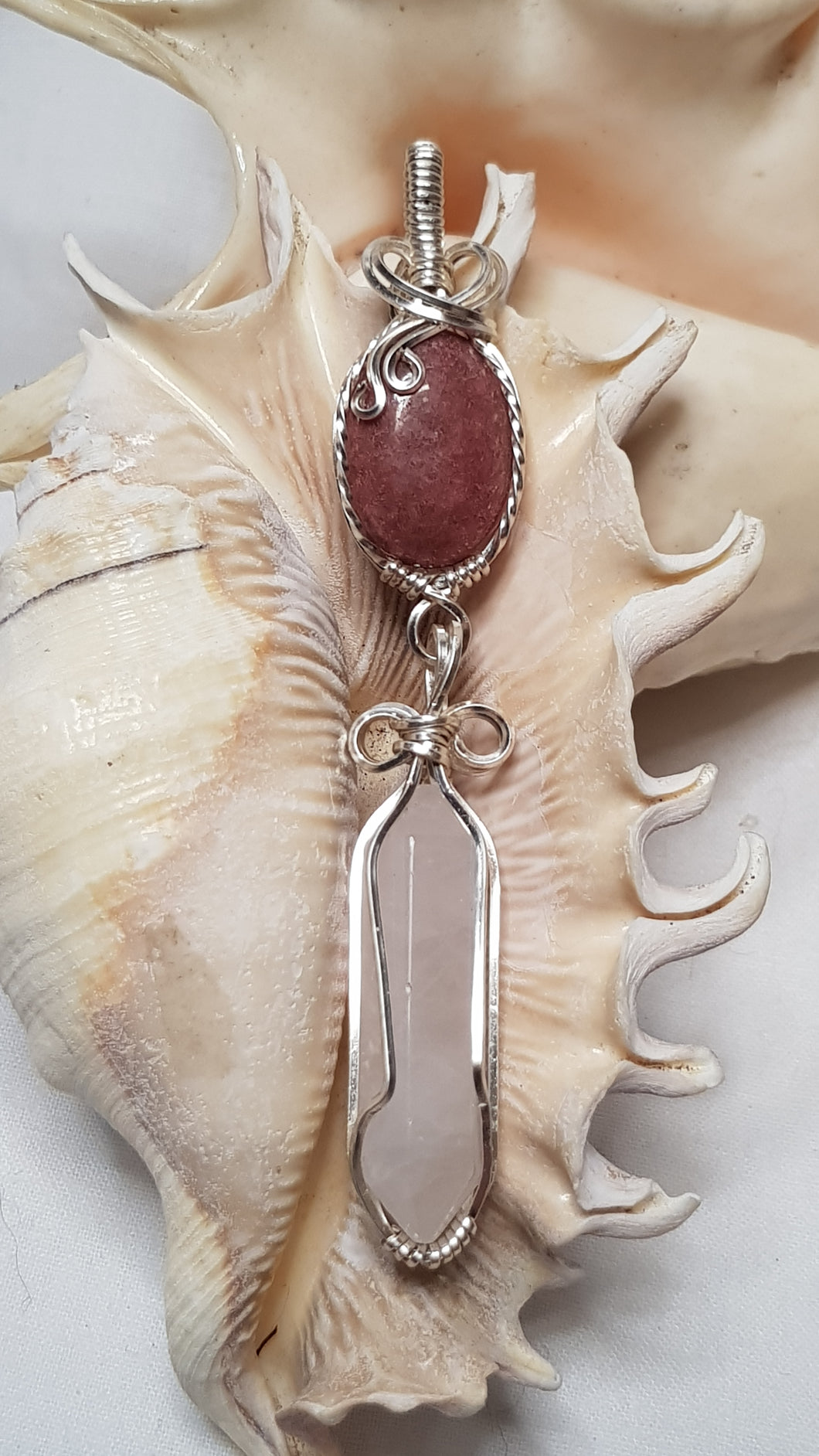 Silver Rhodonite Cabochon & Rose Quartz Crystal Double Dangle Pendant