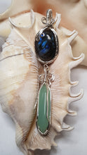 Load image into Gallery viewer, Silver Labrodite Cabochon &amp; Jade Crystal Double Dangle Pendant
