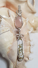 Load image into Gallery viewer, Silver Rose Quartz Cabochon &amp; White Turquoise Crystal Double Dangle Pendant
