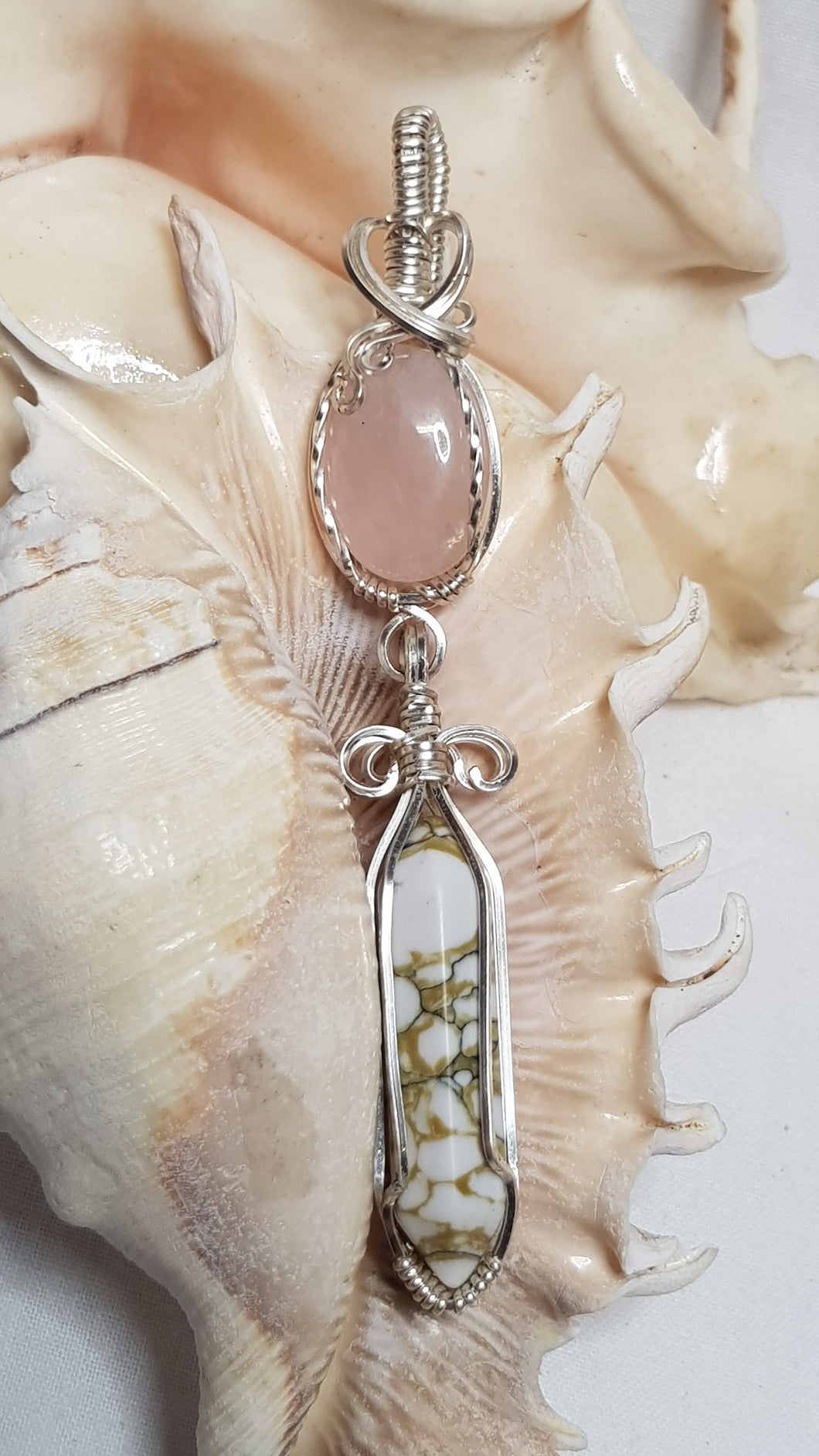 Silver Rose Quartz Cabochon & White Turquoise Crystal Double Dangle Pendant