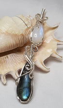 Load image into Gallery viewer, Silver Moonstone Cabochon &amp; Labrodite Cabochon Double Dangle Pendant
