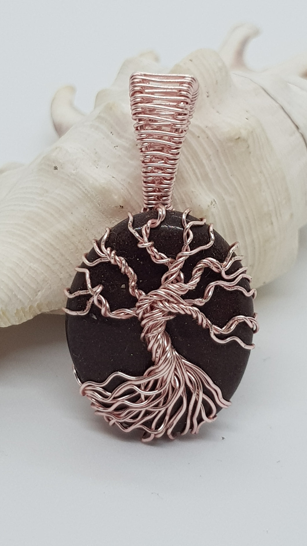 Rose Gold Tree Of Life Brown Beach Stone Pendant