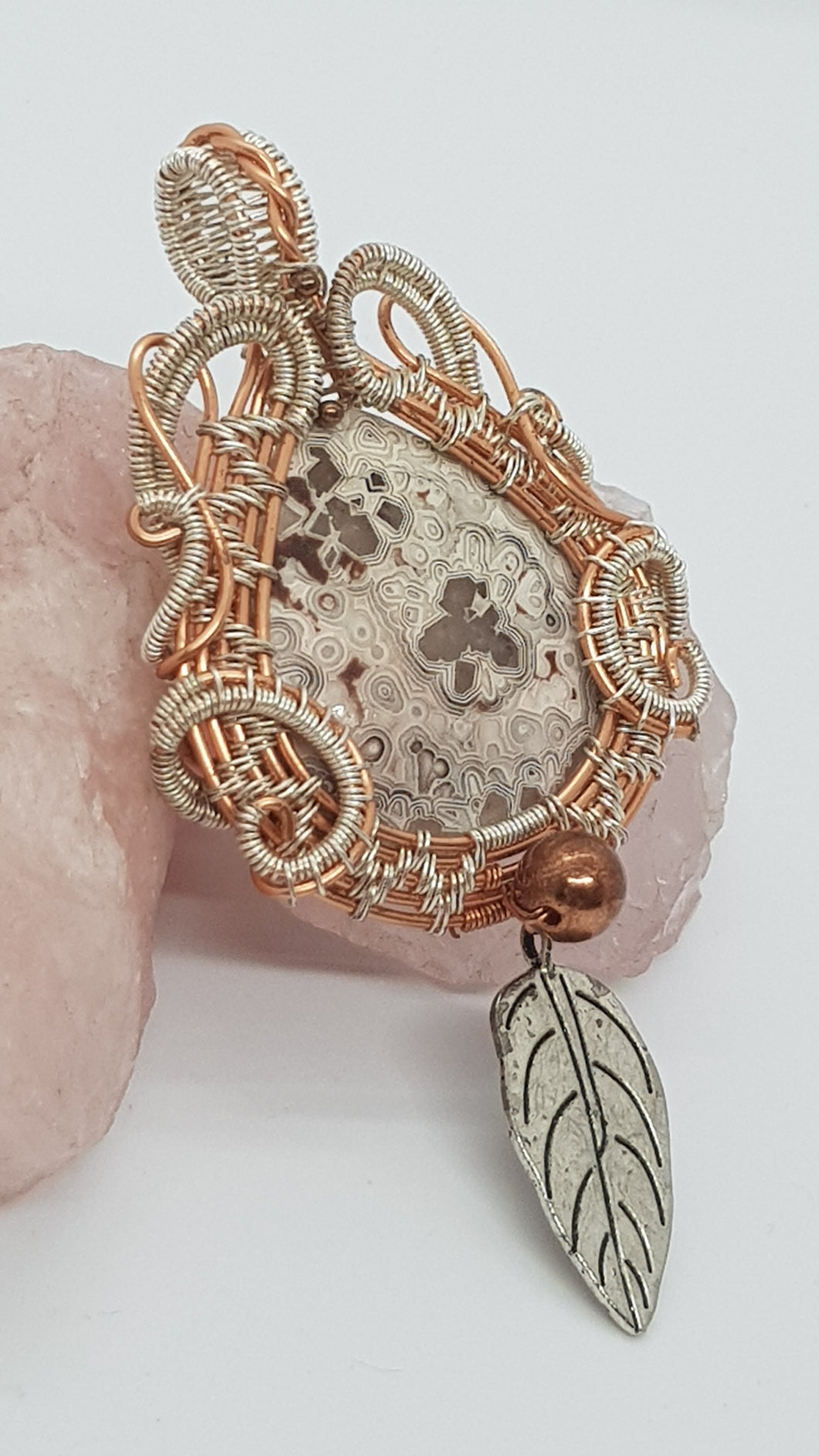 Copper Leaf Dangle Crazy Lace Agate Cabochon Pendant