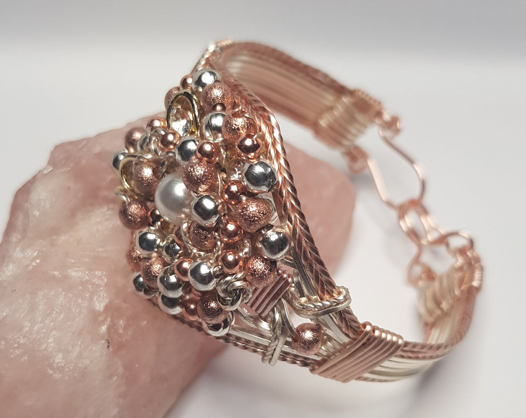 Rose Gold & Silver Beaded Diamante Bangle