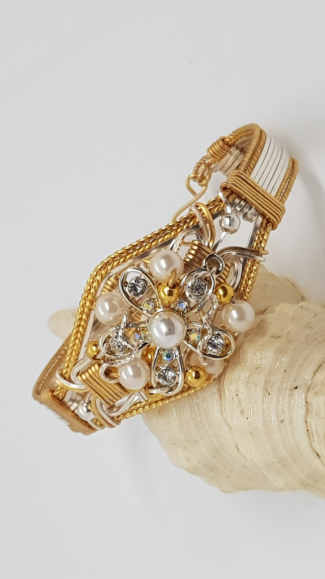 Gold & Silver Pearl Beaded Diamante Cuff Bangle