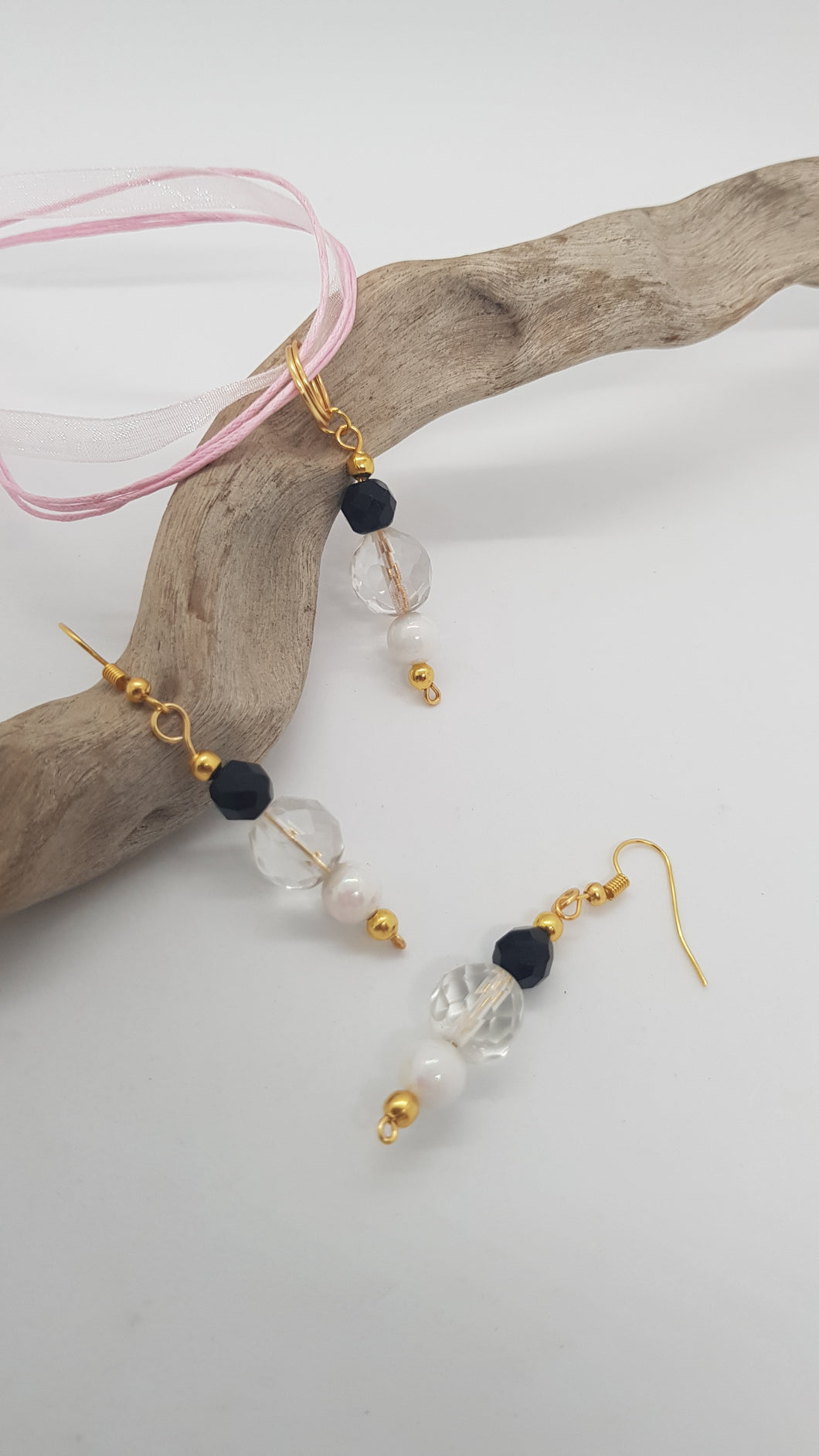 Gold Black Faceted Crystal & Pearl Bead Earrings & Pendant Set