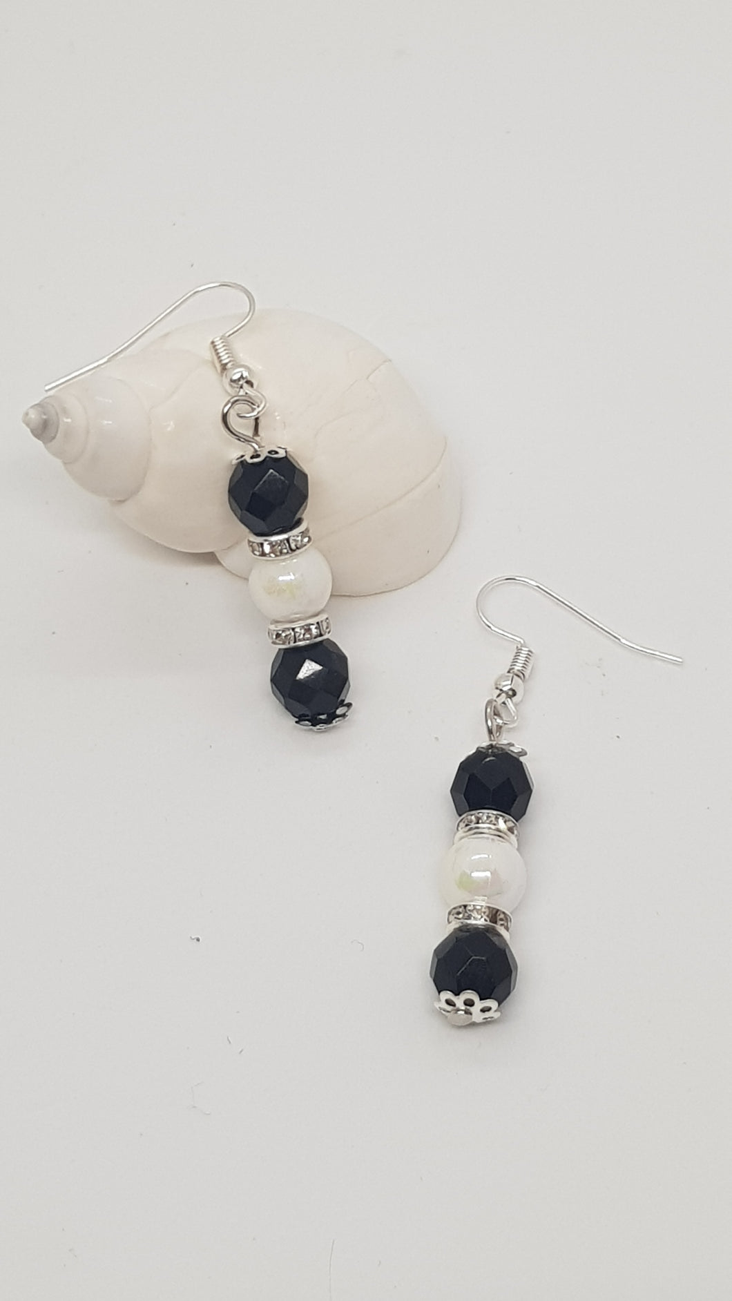 Silver Pearl Rhinestone Faceted Black Crystal Bead Earrings