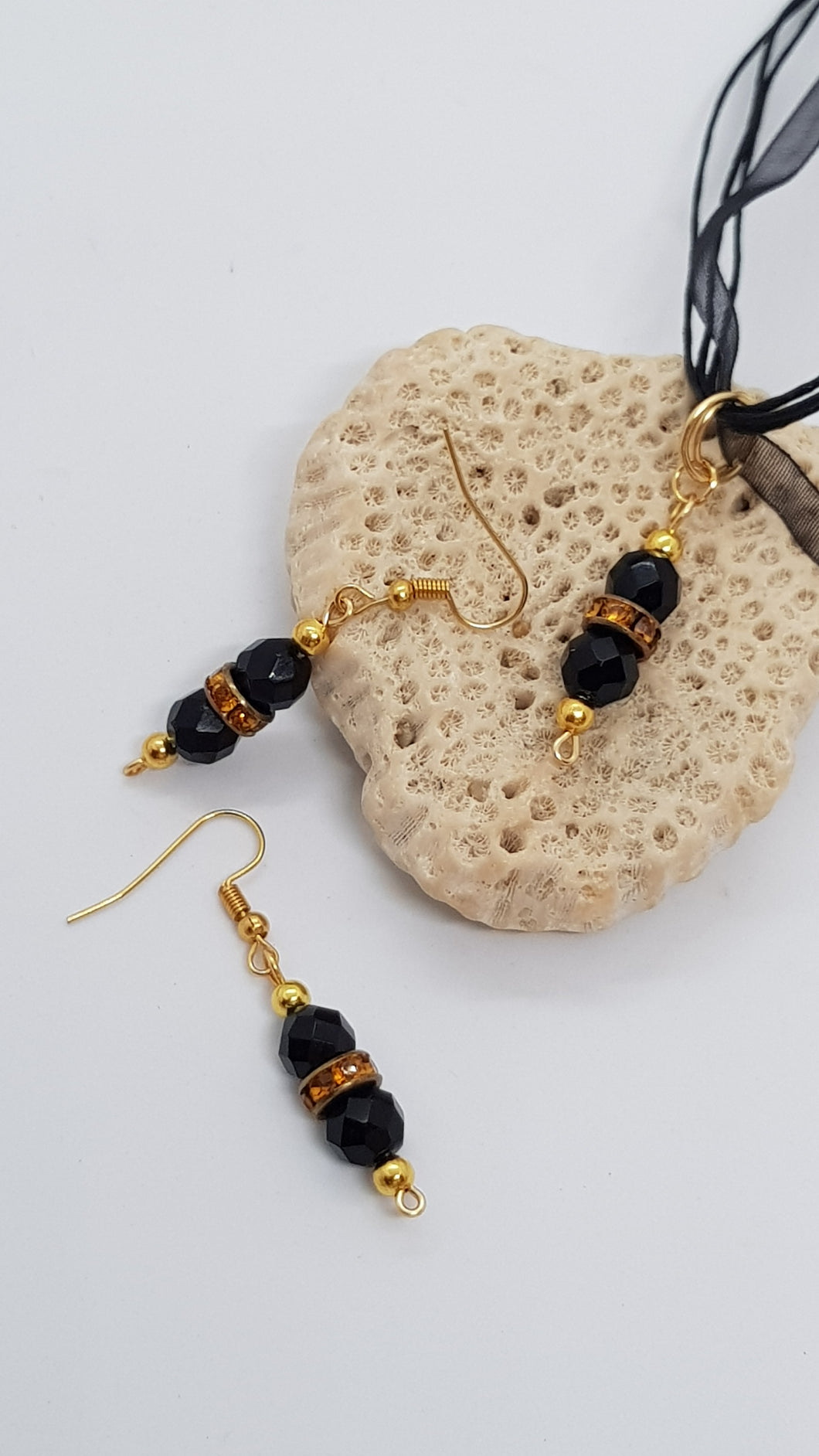 Gold Black Faceted Yellow Rhinestone Rondelle Earrings & Pendant Set