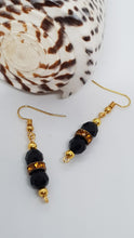 Load image into Gallery viewer, Gold Black Faceted Yellow Rhinestone Rondelle Earrings &amp; Pendant Set
