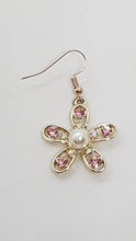 Load image into Gallery viewer, Rose Gold Sparkly Pink Rhinestone &amp; Pearl Flower Charm Earrings
