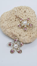 Load image into Gallery viewer, Rose Gold Sparkly Pink Rhinestone &amp; Pearl Flower Charm Earrings
