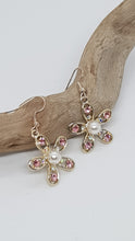 Load image into Gallery viewer, Rose Gold Sparkly Pink Rhinestone &amp; Pearl Flower Charm Earrings
