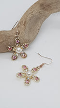 Load image into Gallery viewer, Rose Gold Sparkly Pink Rhinestone &amp; Pearl Flower Charm Earrings
