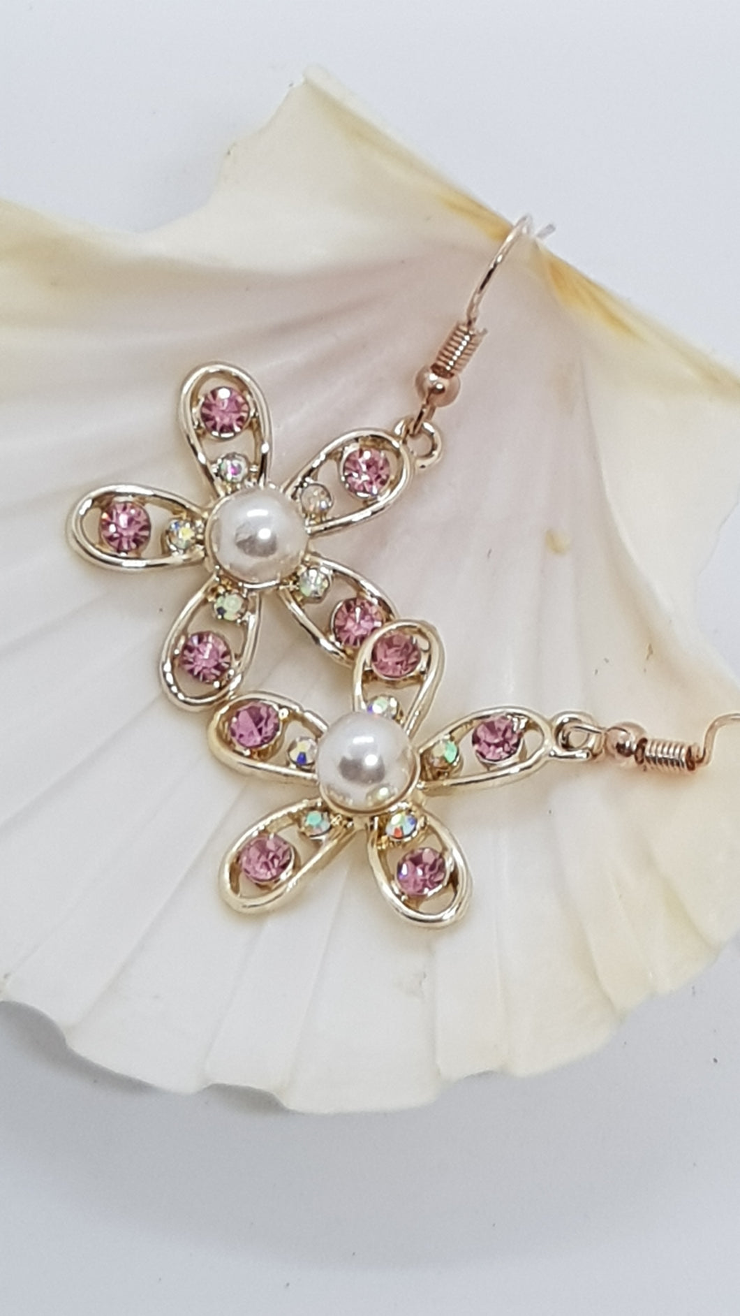 Rose Gold Sparkly Pink Rhinestone & Pearl Flower Charm Earrings