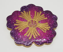 Load image into Gallery viewer, Set of 2 x Plum Pink &amp; Gold Sparkly Glitter Hibiscus Resin Coasters
