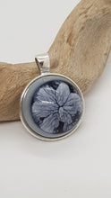 Load image into Gallery viewer, Silver Bezel Floral Navy Blue &amp; White Resin Cabochon Pendant
