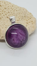 Load image into Gallery viewer, Silver Bezel Sparkly Purple &amp; White Resin Cabochon Pendant
