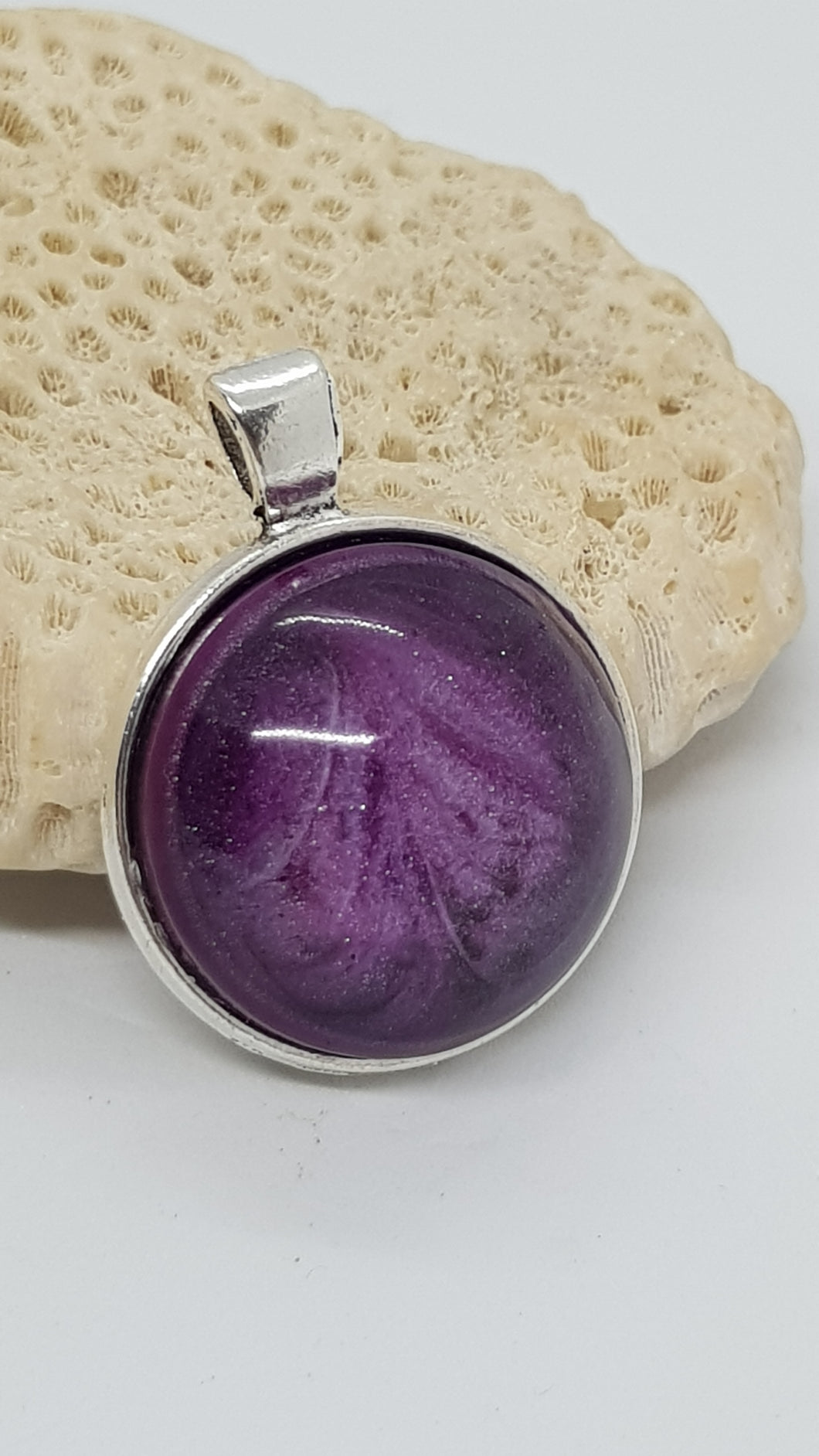 Silver Bezel Sparkly Purple & White Resin Cabochon Pendant