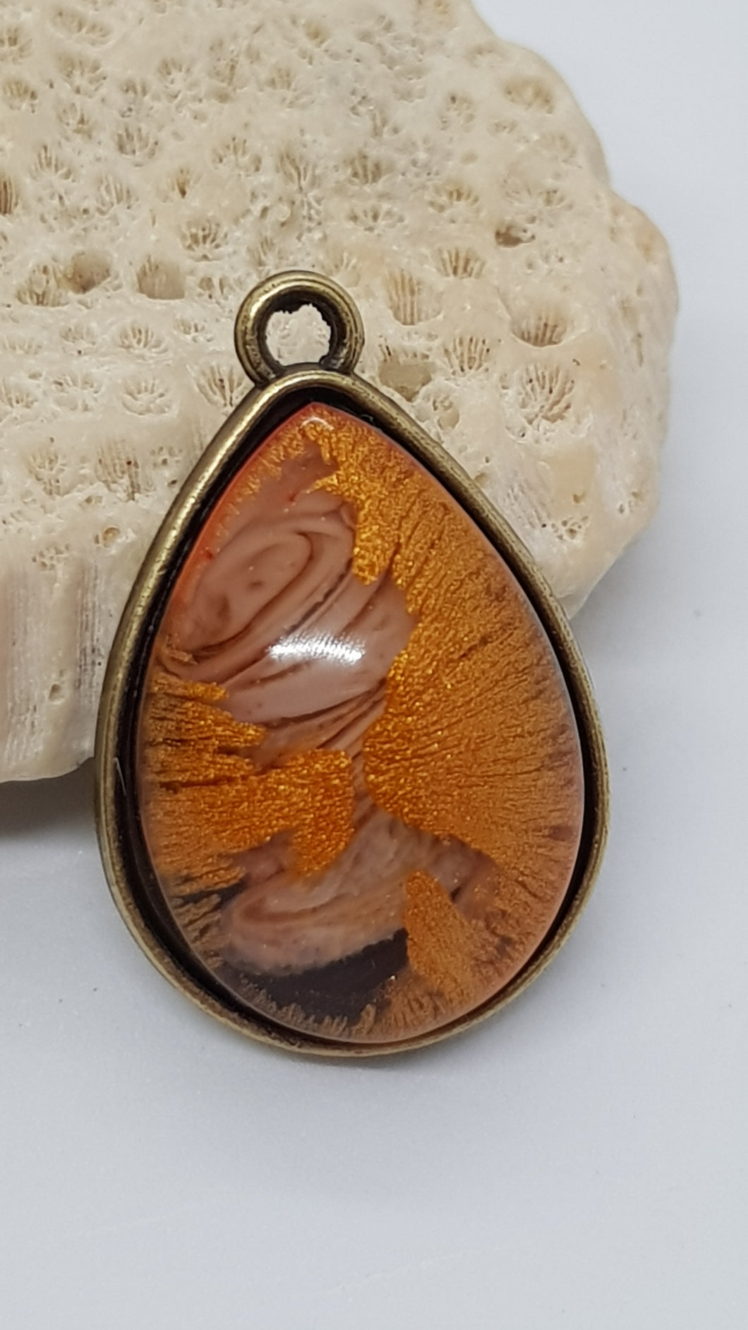 Antique Copper Teardrop Bezel Sparkly Gold & White Resin Cabochon Pendant