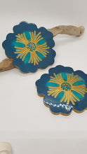 Load image into Gallery viewer, Set of 2 x Ocean Green Teal &amp; Gold Resin Hibiscus Coasters
