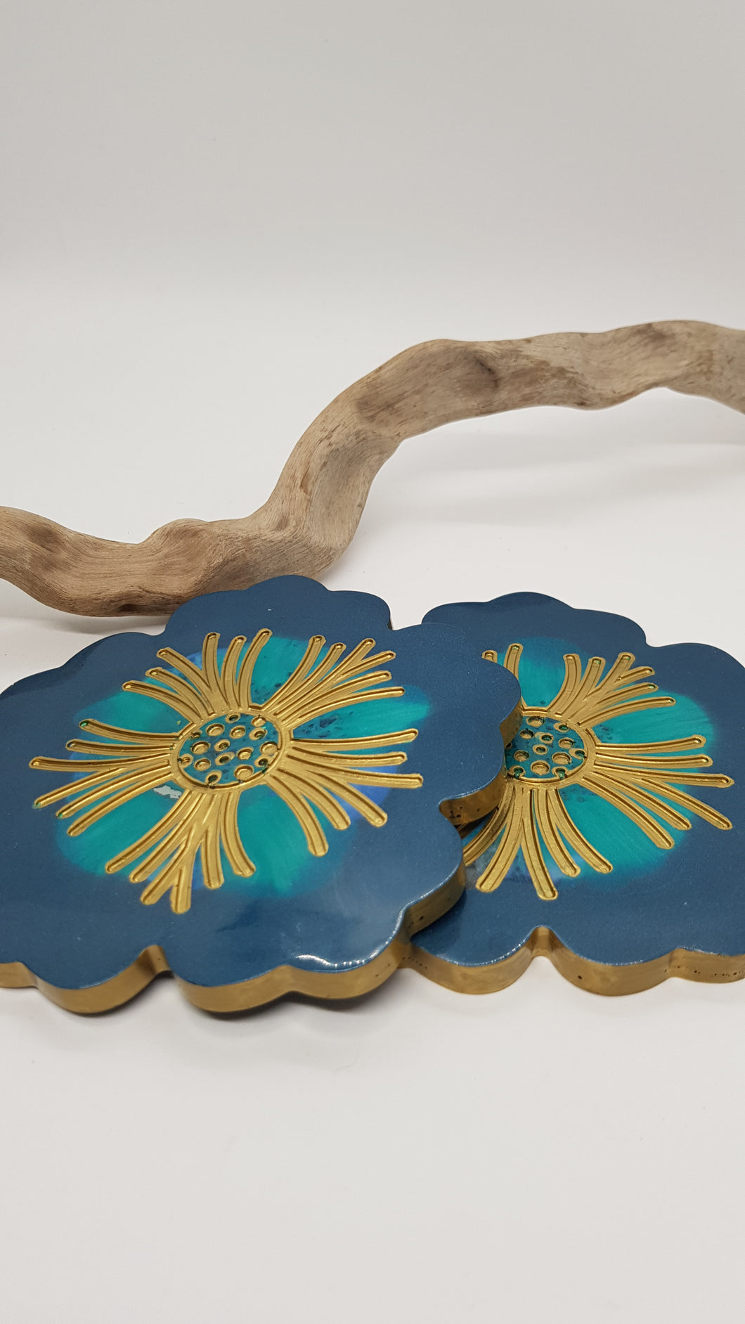 Set of 2 x Ocean Green Teal & Gold Resin Hibiscus Coasters