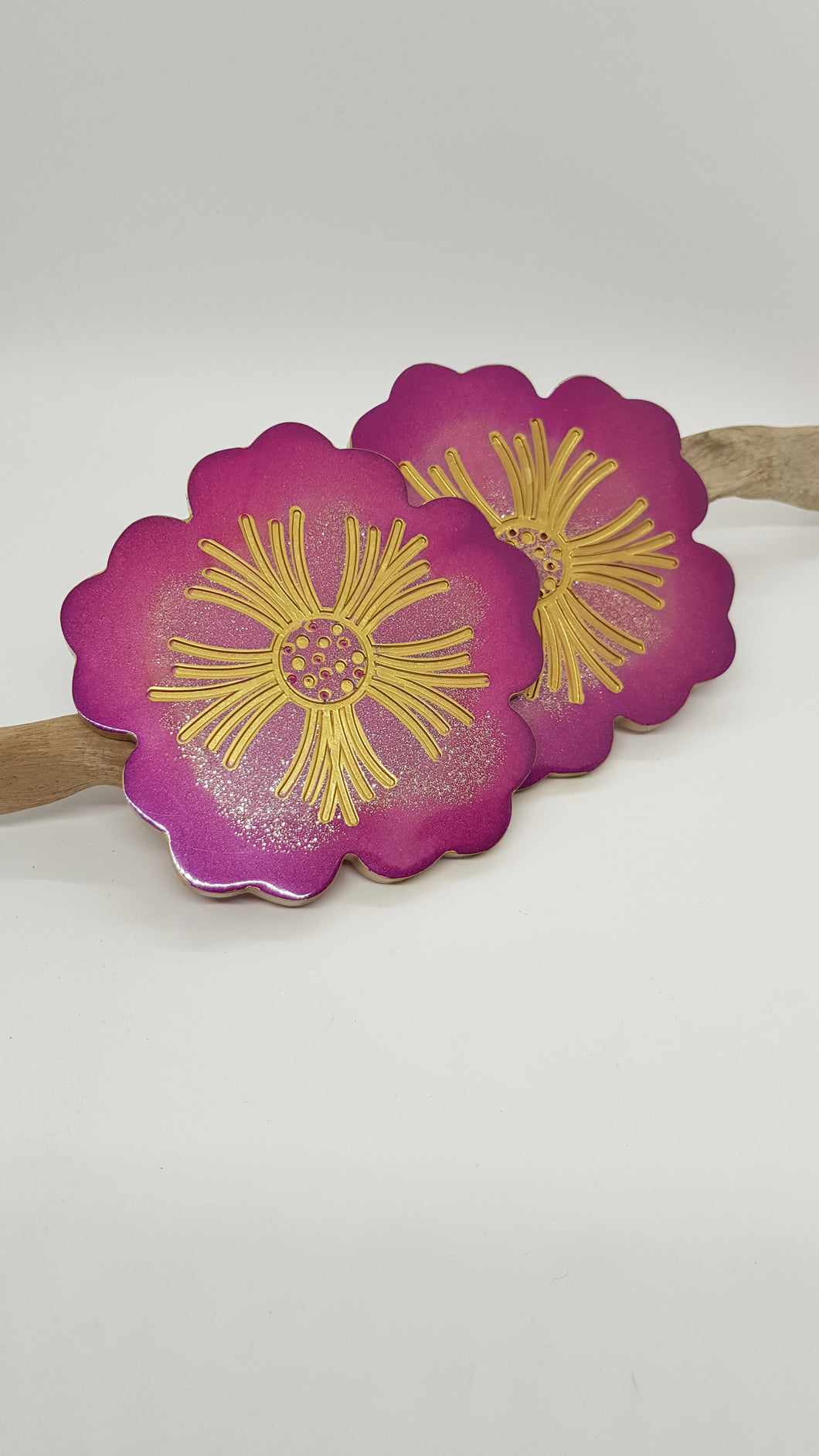 Set of 2 x Magenta Rose Pink & Gold Resin Hibiscus Coasters