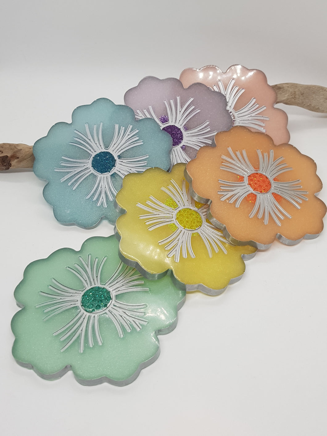 Set of 6 x Silver Rainbow Hibiscus Resin Coasters