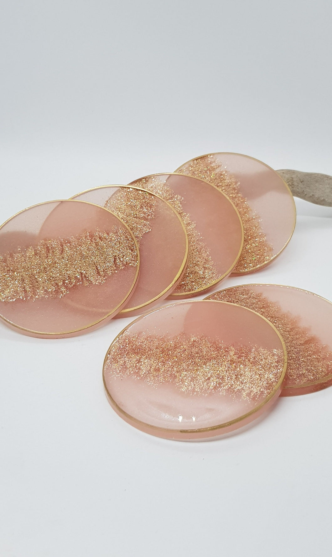 Set of 6 x Golden Sparkle Pink Glitter Resin Coasters